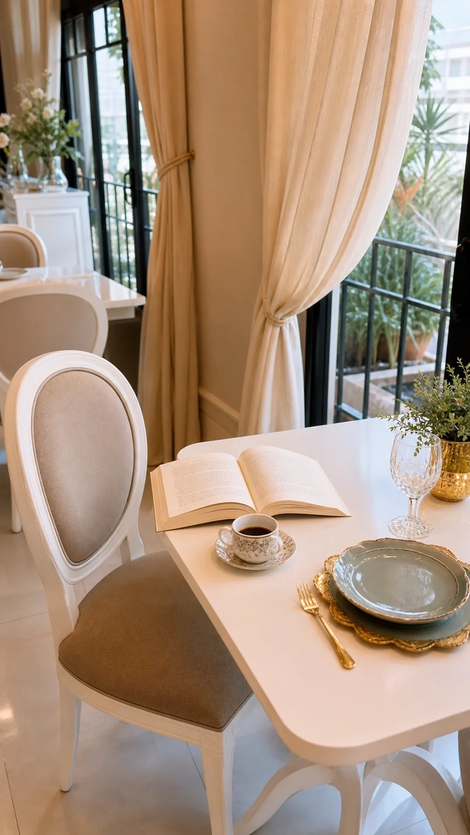Livro e café em uma mesa da Triunfo ao Rei